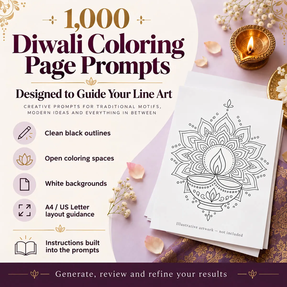 1000 Diwali Coloring Page Prompts – AI Prompt Library PDF - Image 4