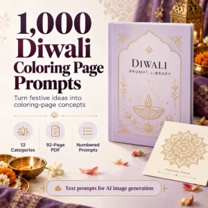 1000 Diwali coloring page prompts PDF with lavender cover mockup and festive diya decorations