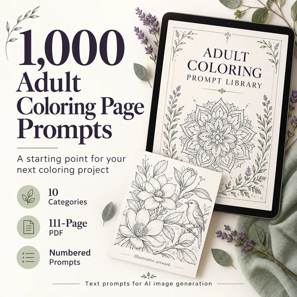 1000 Adult Coloring Page Prompts – AI Prompt Library PDF