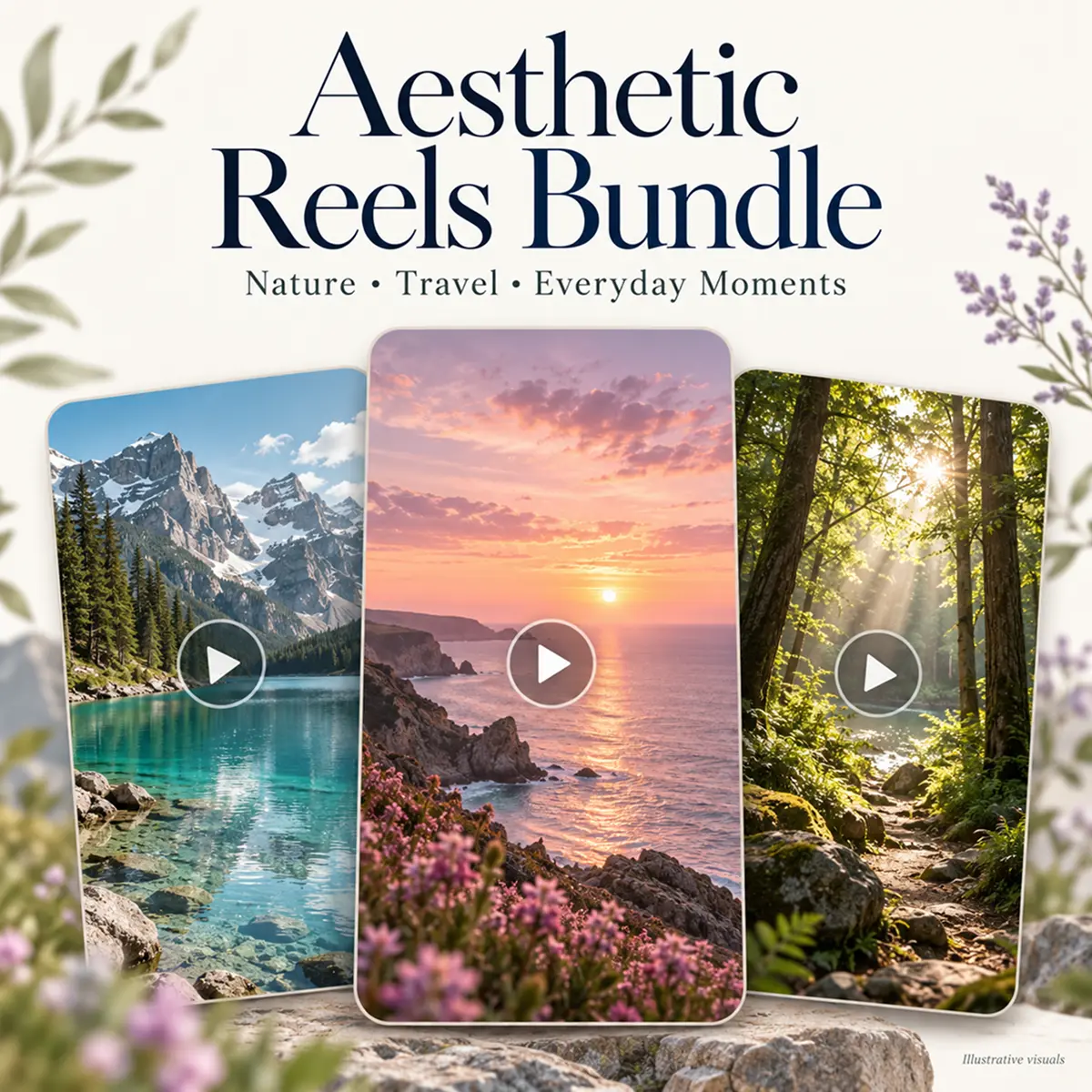 Aesthetic Reels Bundle cover with illustrated mountain, sunset and forest previews