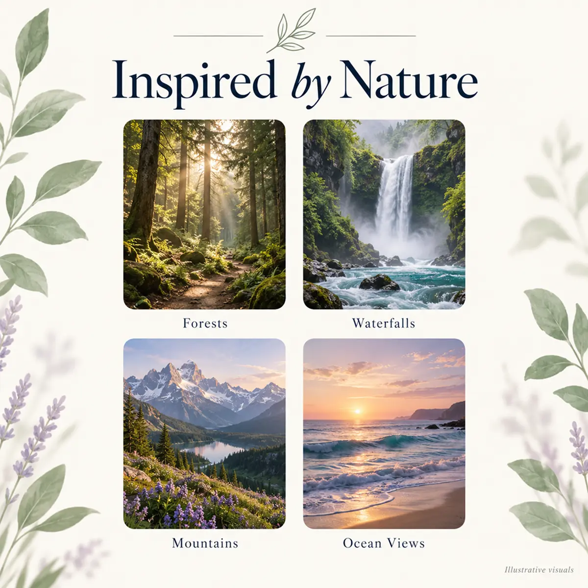 Nature-themed promotional artwork with forest, waterfall, mountain and ocean scenes