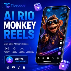 AI Monkey Reels Bundle featuring a funny animated monkey on a social media video screen