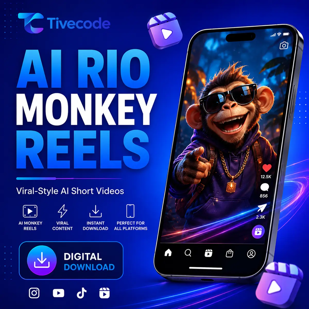 AI Monkey Reels Bundle featuring a funny animated monkey on a social media video screen