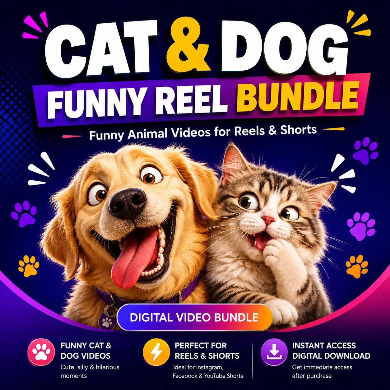 Cat and Dog Funny Reels Bundle cover featuring a happy golden dog and cute kitten